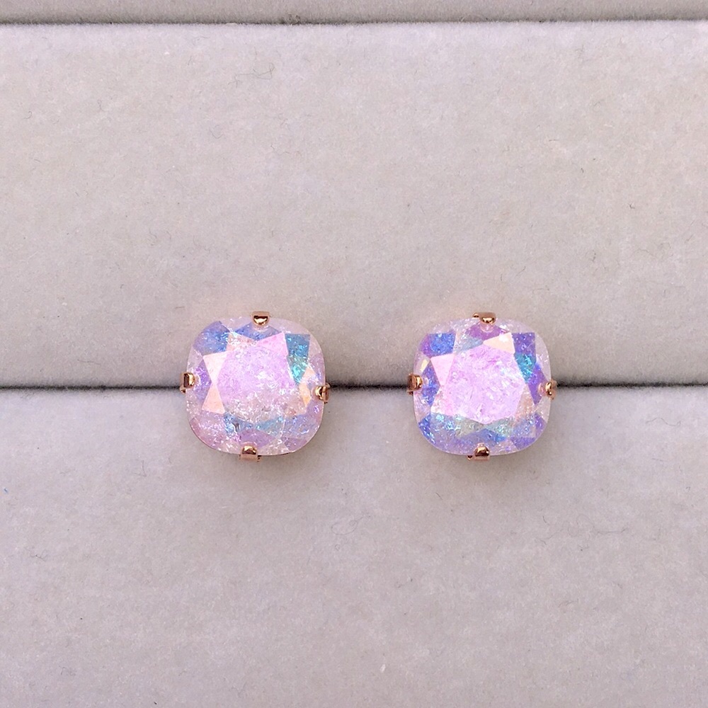 Aurora Borealis Pink Ice + Rose Gold Cushion Cut Crystal Earrings - Picture 7 of 10